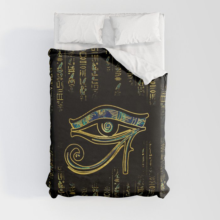 Egyptian Eye of Horus  on hieroglyphics gold and marble Duvet Cover