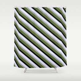 [ Thumbnail: Lavender, Dark Gray, Dark Olive Green, and Black Colored Pattern of Stripes Shower Curtain ]