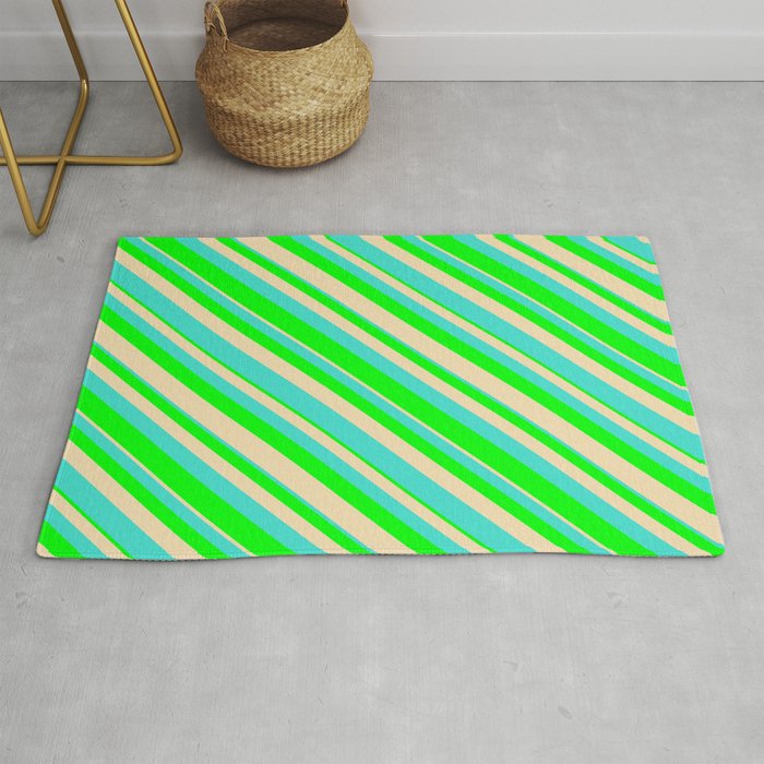 Turquoise, Lime & Tan Colored Lined Pattern Rug