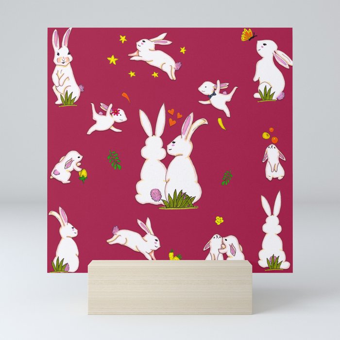 Enchanted Rabbit Family - Red Mini Art Print
