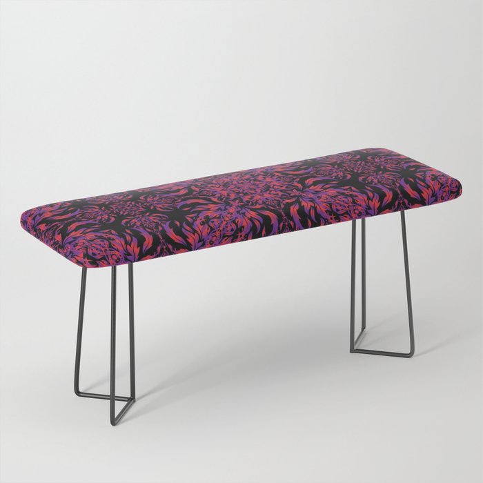 Seamless ornament. Modern geometric seamless pattern with red and purple repeating elements on a black background.  Bench