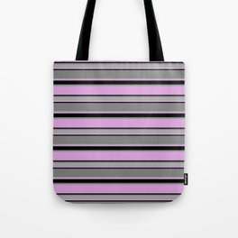 [ Thumbnail: Plum, Black, Gray, and Dark Grey Colored Striped/Lined Pattern Tote Bag ]