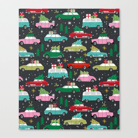 Christmas pattern print vintage cars holiday gifts presents christmas trees cute decor Canvas Print