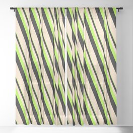 [ Thumbnail: Light Green, Black & Bisque Colored Lined Pattern Sheer Curtain ]