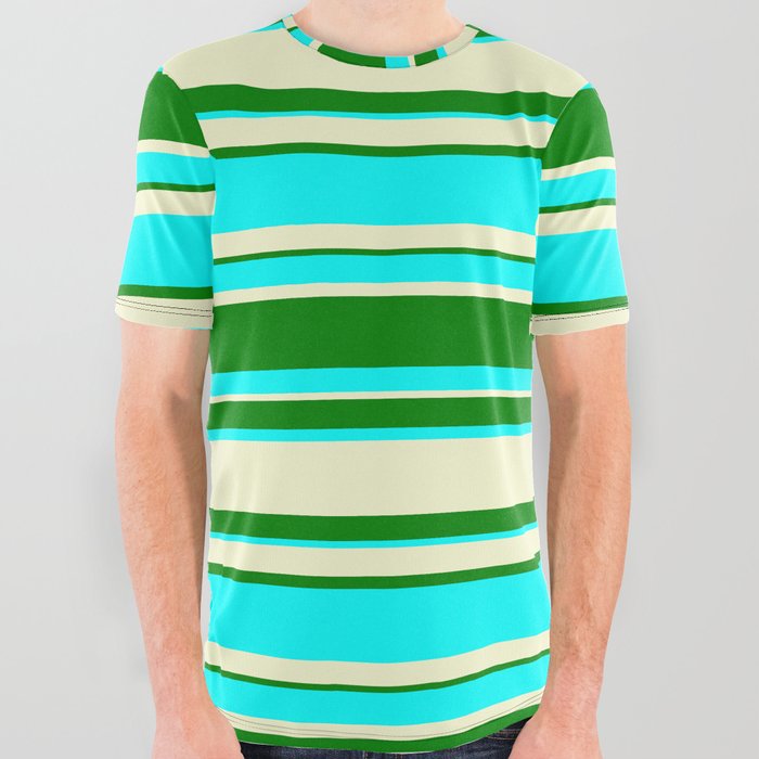 Light Yellow, Green, and Aqua Colored Lined Pattern All Over Graphic Tee