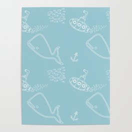 Under the Sea Whale & Submarine Pattern Poster