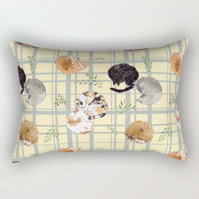 Sleeping Cats Pattern/Hand-drawn in Watercolour/Yellow Check Background Rectangular Pillow