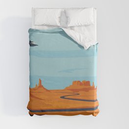  landscape with deserted valley, mountains, dark winding river and flying saucer in the sky. Decorative illustration on the theme of of alien invasion. Western scenery and UFO Duvet Cover