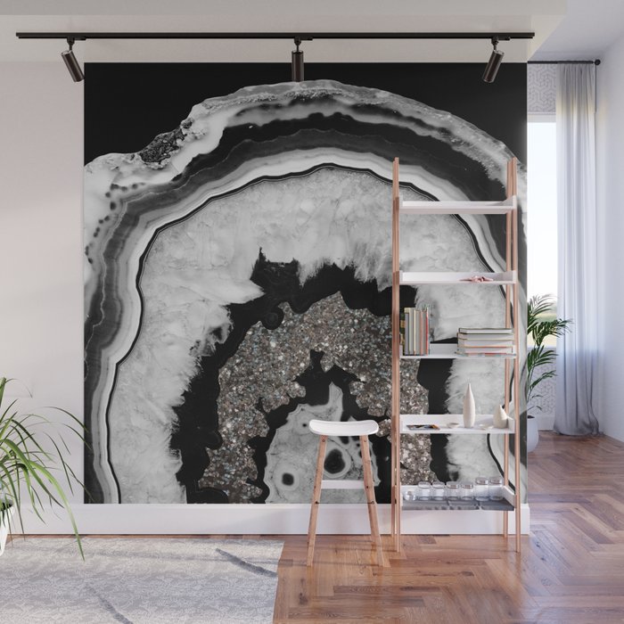 Gray Black White Agate With Silver Glitter 2 Gem Decor Art