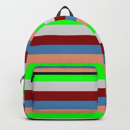 [ Thumbnail: Eye-catching Dark Salmon, Lime, Light Gray, Dark Red, and Blue Colored Lined Pattern Backpack ]