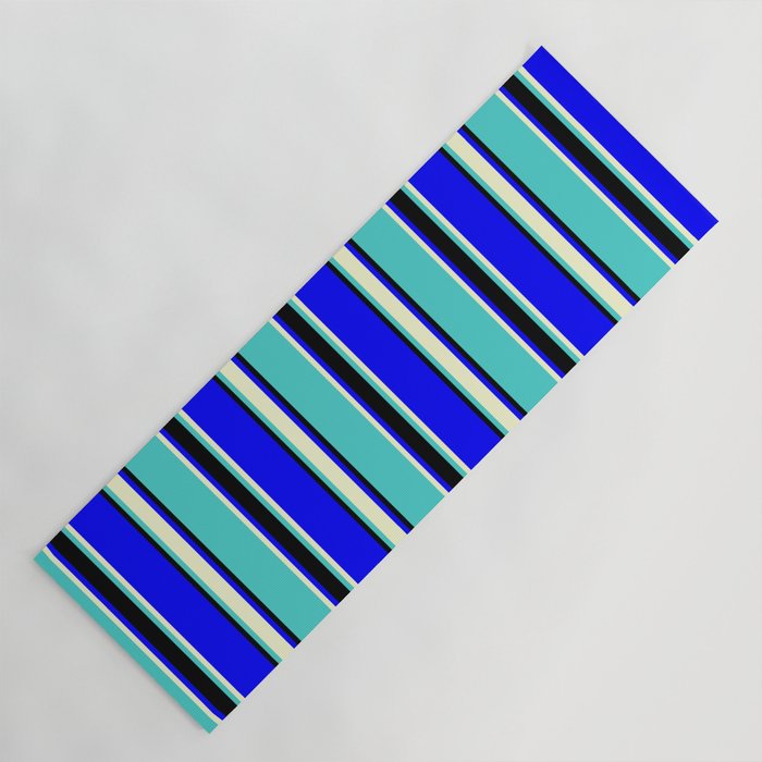 Blue, Light Yellow, Turquoise, and Black Colored Striped/Lined Pattern Yoga Mat