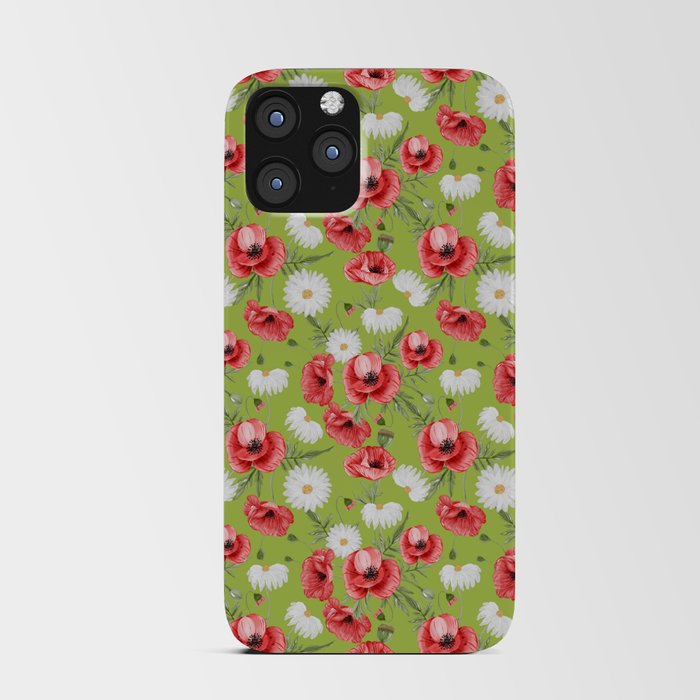Daisy and Poppy Seamless Pattern on Light Green Background iPhone Card Case