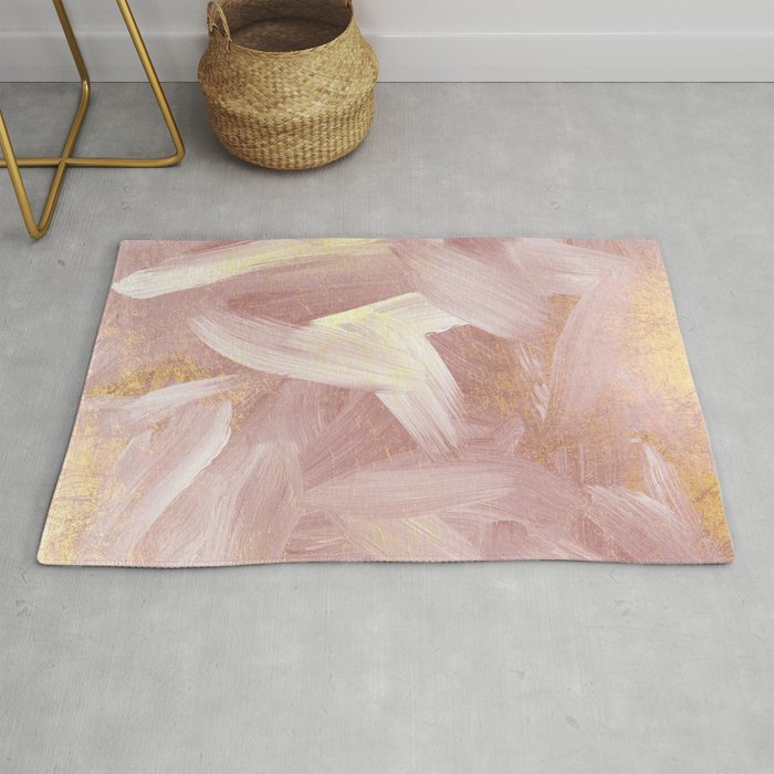Abstract Pink White Gold Watercolor Brushstrokes Rug
