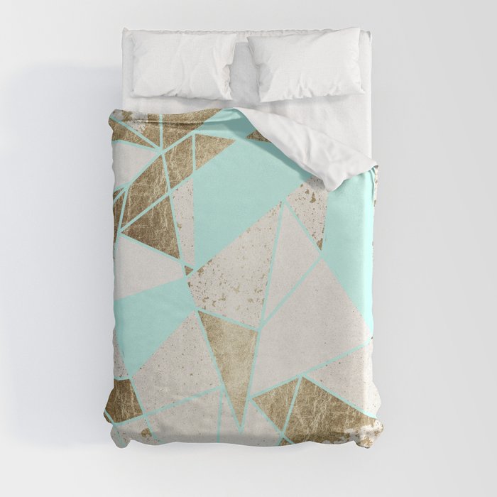 Modern Rustic Mint White and Faux Gold Geometric Duvet Cover