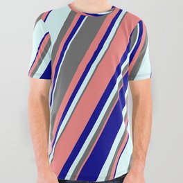 [ Thumbnail: Dim Grey, Light Coral, Dark Blue & Light Cyan Colored Stripes Pattern All Over Graphic Tee ]