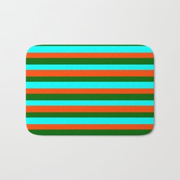 [ Thumbnail: Red, Dark Green & Cyan Stripes Pattern Bath Mat ]