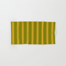 [ Thumbnail: Green & Goldenrod Colored Stripes/Lines Pattern Hand & Bath Towel ]