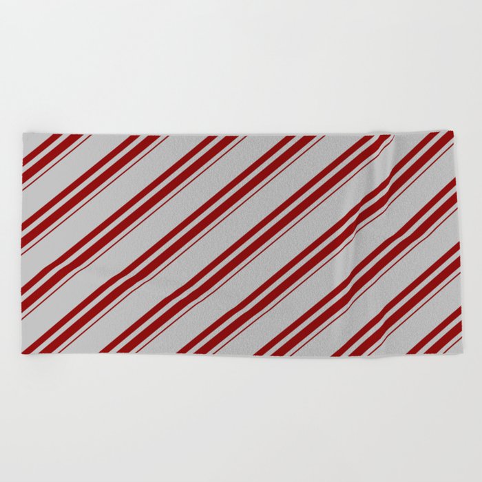 Grey and Dark Red Colored Lined Pattern Beach Towel