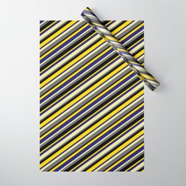 [ Thumbnail: Eyecatching Pale Goldenrod, Dim Grey, Black, Yellow & Midnight Blue Colored Stripes/Lines Pattern Wrapping Paper ]