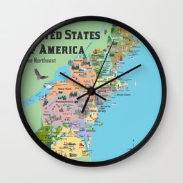 USA Northeast States Colorful Travel Map VA WV MD PA NY MS CT RI VE DE NJ With Highlights And Favori Wall Clock