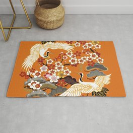CRANES AND COLOR SAKURA. Colorful floral seamless pattern with flowers, japanese bird. Vintage traditional folk fashion ornament on Orange background. Area & Throw Rug
