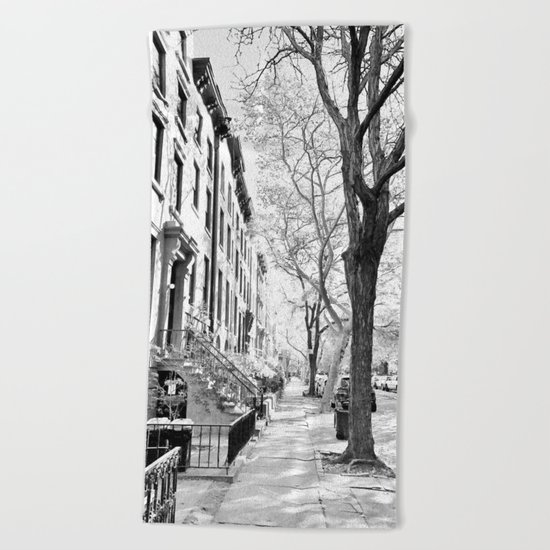 Cobble Hill Brooklyn Winter Black and White Brownstone Beach Towel