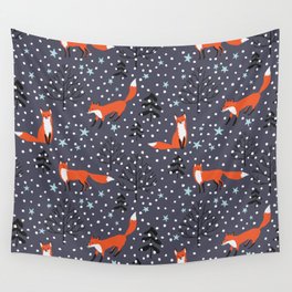 Red foxes in the nignt winter forest Wall Tapestry