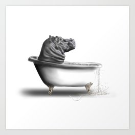 Hippo in Bath Kunstdrucke | Animal, Animal Portrait, Hippo, Vintage Bathtub, Artbyblanshie, Bath, Bathroom, Digital, Bathing, Hippopotamus 