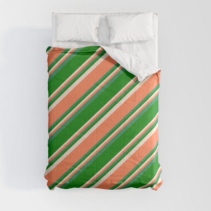 Beige, Coral, Sea Green, and Green Colored Pattern of Stripes Comforter