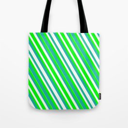 [ Thumbnail: Lime, Light Sea Green & White Colored Striped/Lined Pattern Tote Bag ]