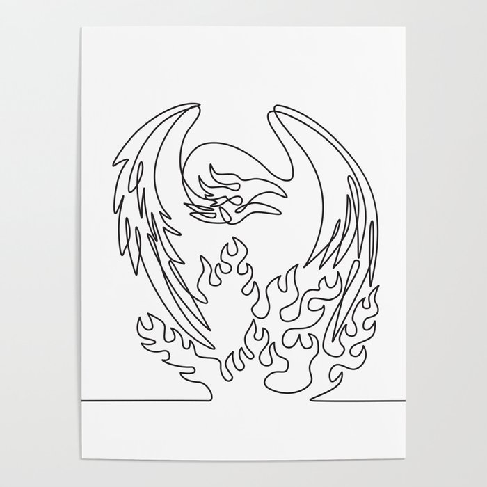 Phoenix Mythological Bird Regenerates on Fire Front View Continuous Line Drawing Black and White Poster