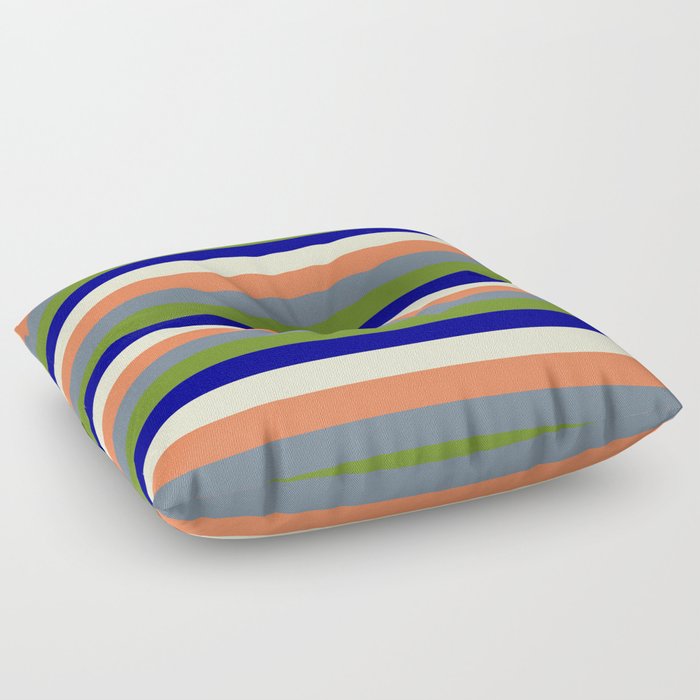 Eye-catching Coral, Slate Gray, Green, Dark Blue & Light Yellow Colored Striped Pattern Floor Pillow