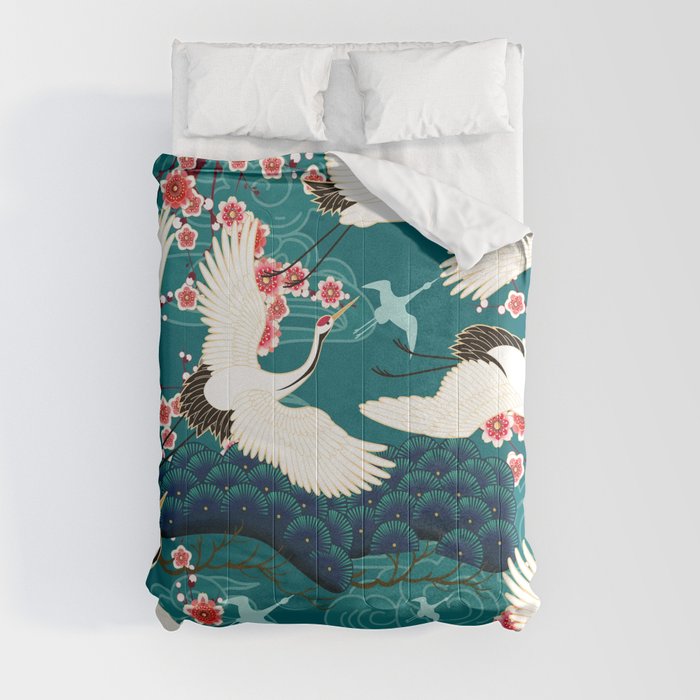 Japanese Crane Oriental Teal Ocean Pattern Comforter