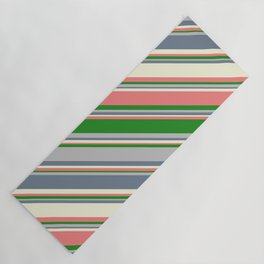 [ Thumbnail: Eye-catching Beige, Light Coral, Forest Green, Grey, and Slate Gray Colored Lined/Striped Pattern Yoga Mat ]