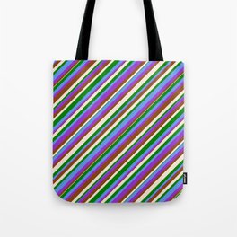 [ Thumbnail: Colorful Cornflower Blue, Dark Orchid, Brown, Beige & Green Colored Lined/Striped Pattern Tote Bag ]