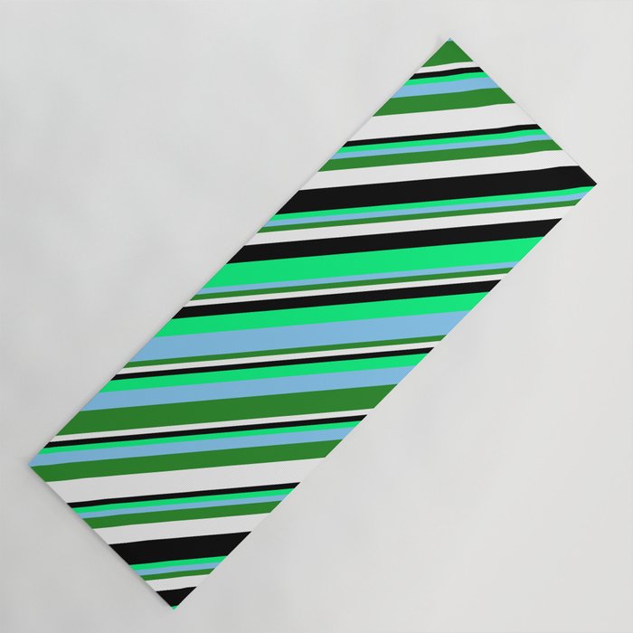 Eyecatching Green, Light Sky Blue, Forest Green, White, and Black Colored Lines Pattern Yoga Mat