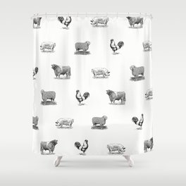 Farm Animals Black & White | Minimal Vintage Illustration | Line Art Sketch Sheep, Pigs & Rooster Shower Curtain