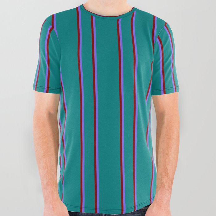 Teal, Maroon & Medium Slate Blue Colored Lined/Striped Pattern All Over Graphic Tee