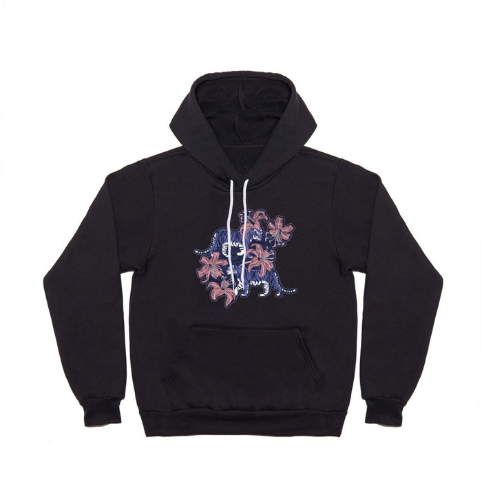 Tigers in a tiger lily garden // textured navy blue background very peri wild animals carissma pink flowers Hoody