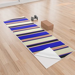 [ Thumbnail: Light Yellow, Dark Salmon, Blue, and Black Colored Striped/Lined Pattern Yoga Towel ]