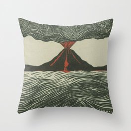 Volcano Woodcut Throw Pillow