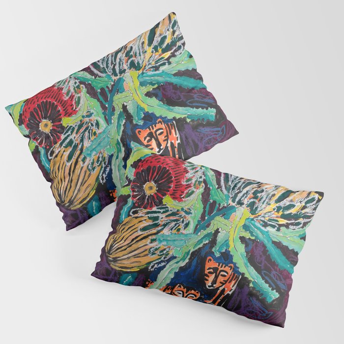 Banksia Bouquet with Tigers Dark Floral Pillow Sham