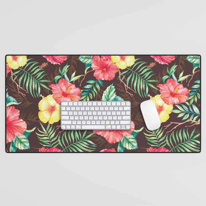 Hand drawn watercolor seamless pattern with colorful tropical flowers hibiscuses and leaves on the dark background Desk Mat