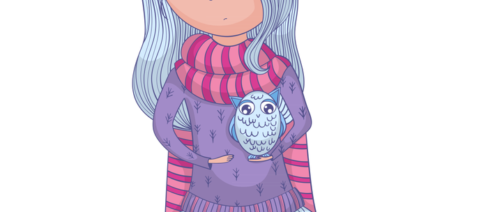 Cute Anime Girl In Tutu And Winter Clothes With Owl Cartoon