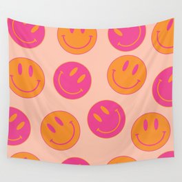 Large Pink and Orange Groovy Smiley Face Pattern - Retro Aesthetic  Wall Tapestry