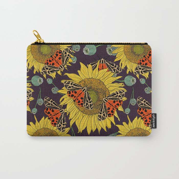Sunflower, Poppy Pods & Tiger Moth Botanical Plum Carry-All Pouch
