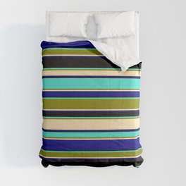 [ Thumbnail: Turquoise, Green, Beige, Blue & Black Colored Striped/Lined Pattern Comforter ]