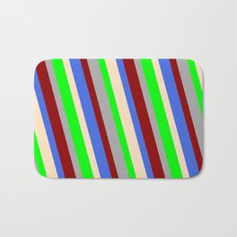 [ Thumbnail: Vibrant Bisque, Lime, Dark Gray, Dark Red, and Royal Blue Colored Stripes Pattern Bath Mat ]