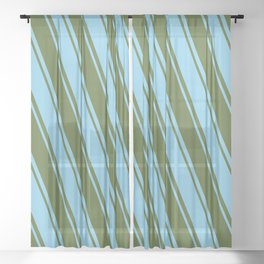 [ Thumbnail: Sky Blue and Dark Olive Green Colored Striped/Lined Pattern Sheer Curtain ]
