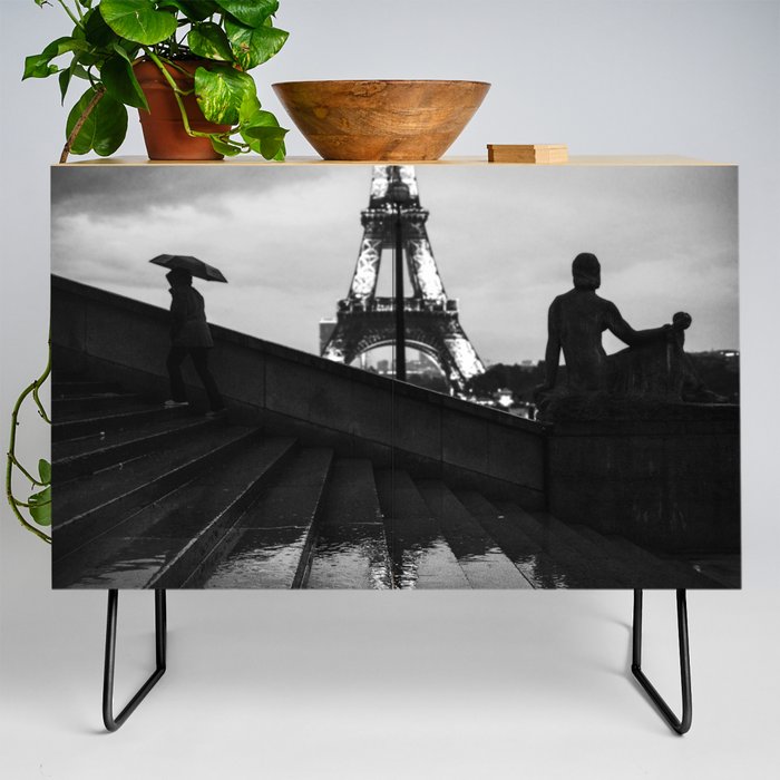 Eiffel Tower and rainy Paris - Black and white photography Credenza